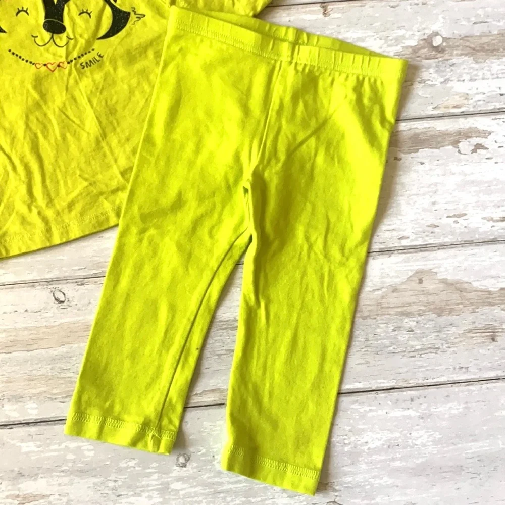 Baby Girls 18m Outfit Neon Yellow Green Leggings Long Sleeve Cat Shirt Circo